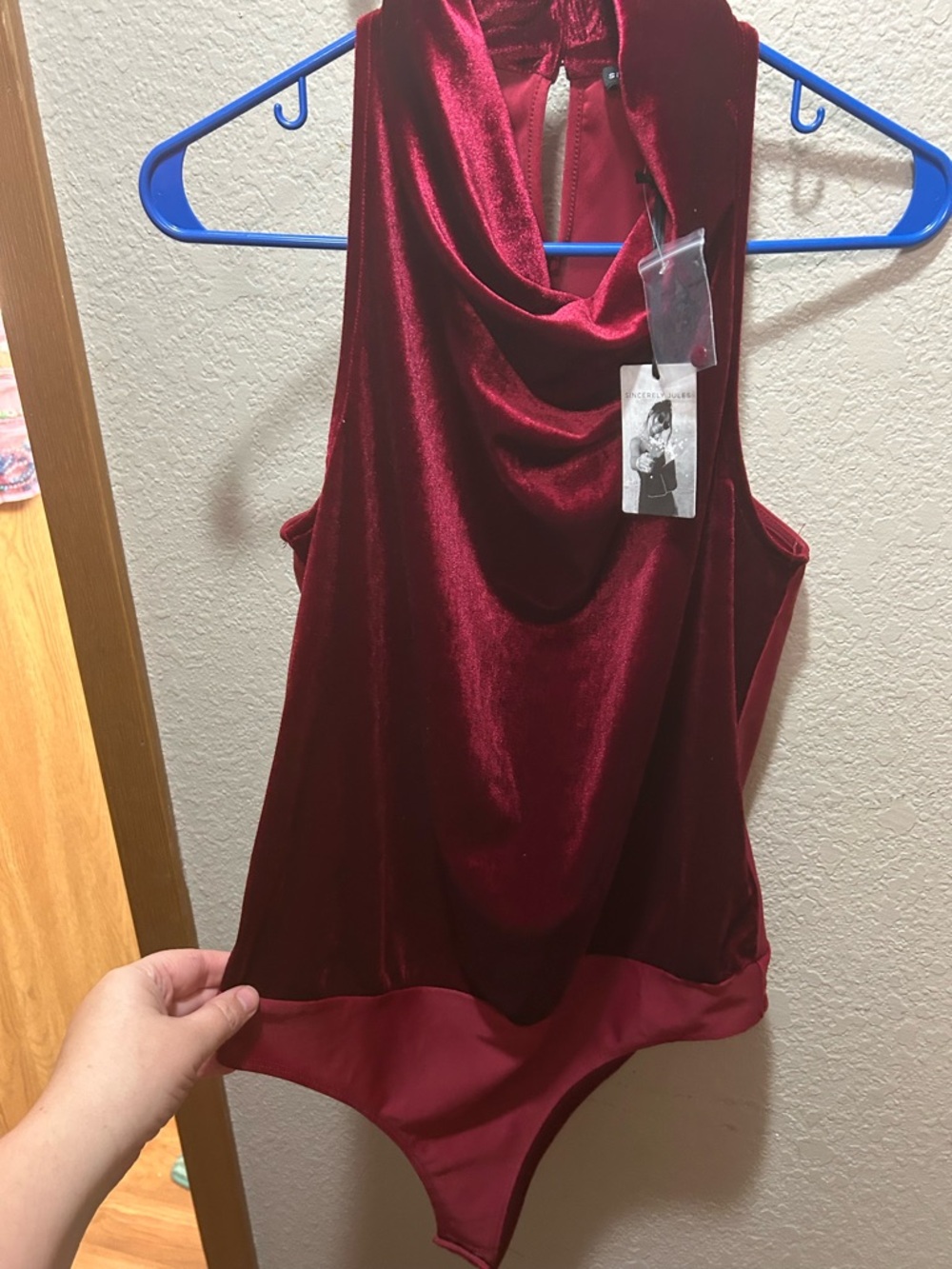 Sincerely Jules Wine Velvet Draped Bodysuit
